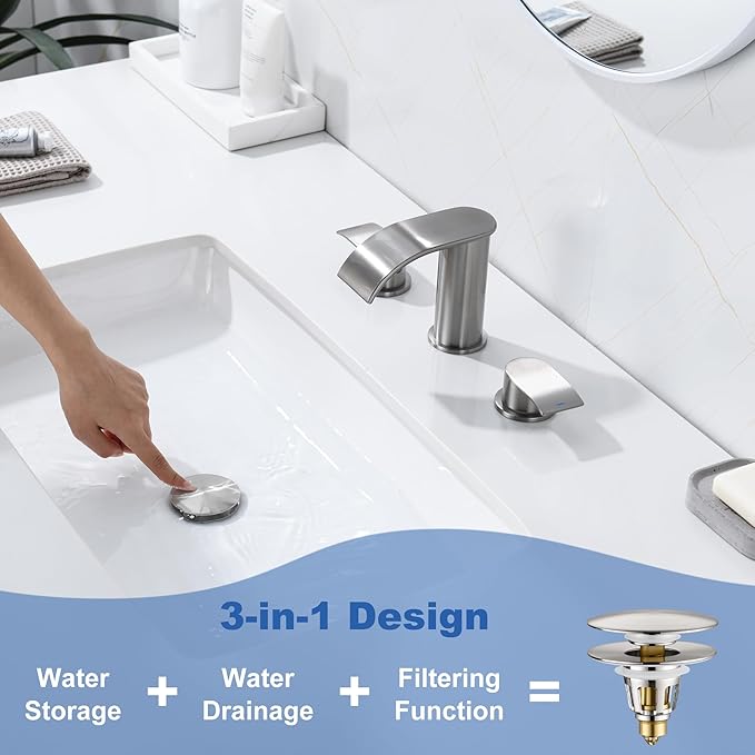 3-in-1 Universal Bathroom Sink Stopper - Brushed Nickel Pop Up Sink Drain Stopper, Brass Bounce Bullet Core Sink Stopper Replacement, Wash Basin Drain Filter Plug with Anti-Clogging Strainer