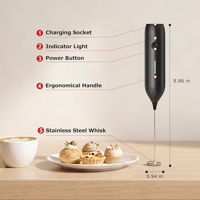 Bonsenkitchen Rechargeable Milk Frother Handheld, Electric Drink Mixer with Stainless Steel Whisk, Charging USB-C, Portable Foam Maker for Coffee Matcha Lattes Cappuccino, Kitchen Gifts