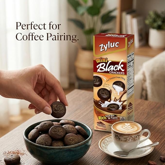 Zyluc Mini Black Crackers – Tiramisu Flavored Snack with Coffee Cocoa Blend – 35g Portable Pack – Light Crunch, Halal Certified, Made with Non-GMO Ingredients – Product of Indonesia – Pack of 20