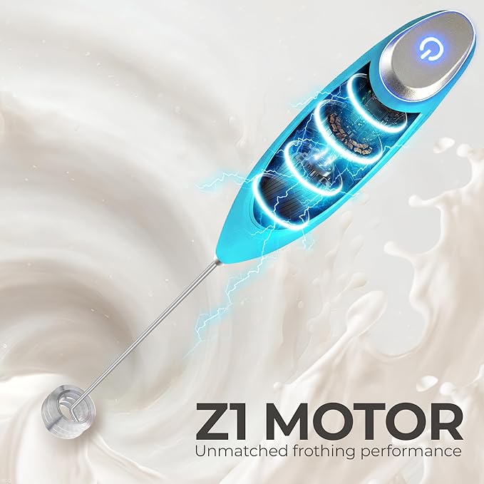Zulay Kitchen Powerful Milk Frother Wand With Duracell Batteries - Ultra Fast Handheld Drink Mixer - Electric Whisk Foam Maker for Coffee, Lattes, Cappuccino & Matcha - Triple Whisk - Pacific Blue