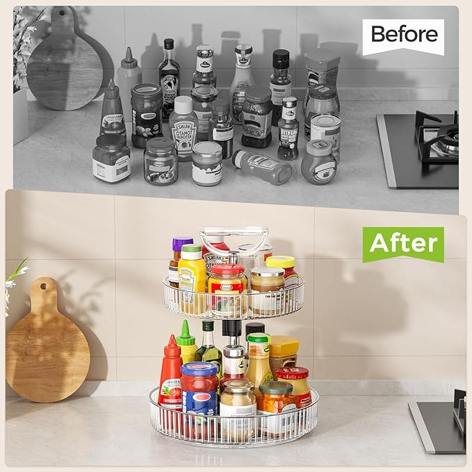 Lazy Susan Organizer – 2 Tier Rotating Spice Rack Turntable, 11.4" Plastic Spinning Organizer for Kitchen Cabinet Pantry Countertop Cupboard Bathroom Storage, Clear