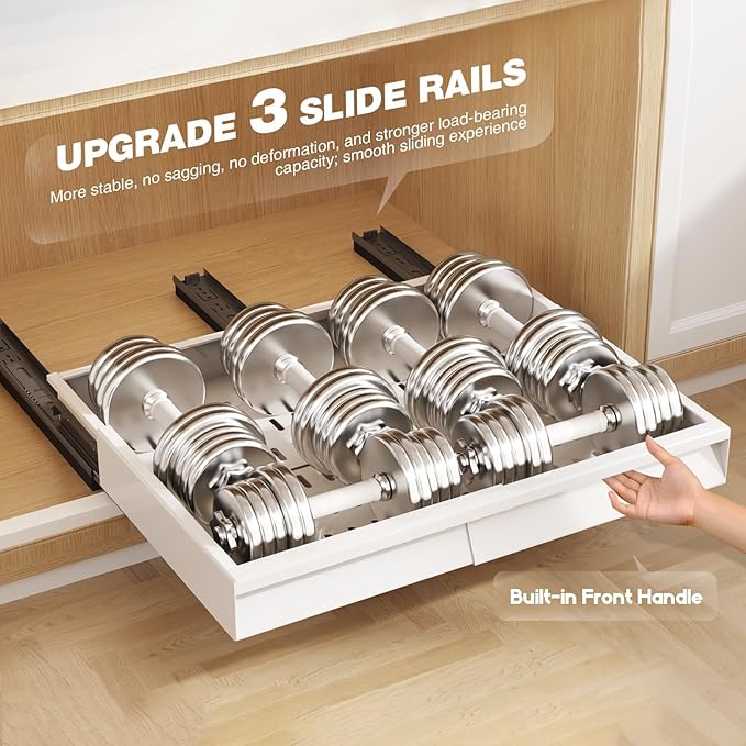 Seinloes Pull Out Cabinet Organizer, 4-Side Expandable to Fit Most Cabinets, 3 Rail Slide Out Drawers with Raising Pad for Framed & Frameless Cabinets, 13"-21" W x 13"-17" D, White, 2 Pack
