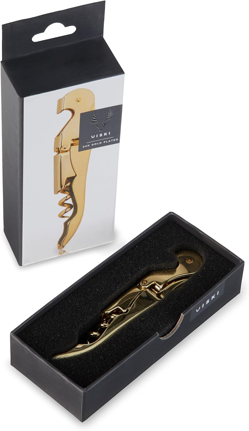 24k Gold Plated Signature Double Hinged Waiter's Corkscrew Wine Opener, Stainless Steel with Built-in Bottle Opener & Foil Cutter for Home Bar, Kitchen, Travel, Gifts for Wine Lovers, Set of 1