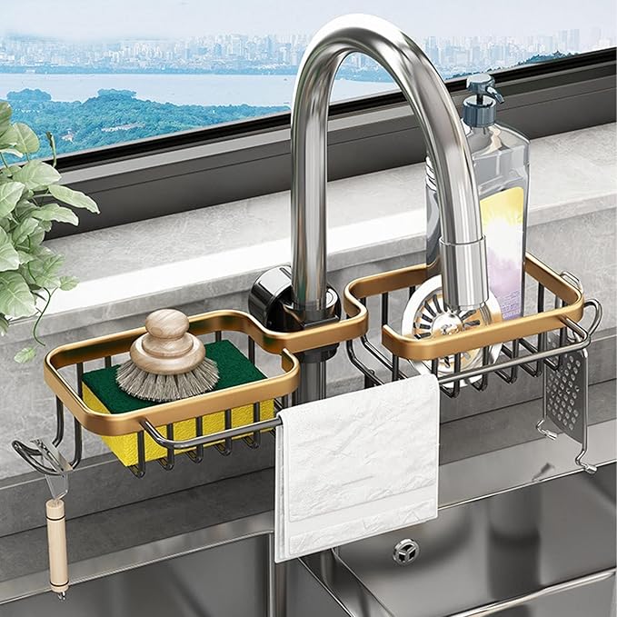 Faucet Holder, Double Faucet Storage Rack with Hooks Faucet Sponge Holder over Faucet Hanging Aluminum Detachable Faucet Drain Rack for Kitchen Sink Bathroom Organizer and Storage(Gold)