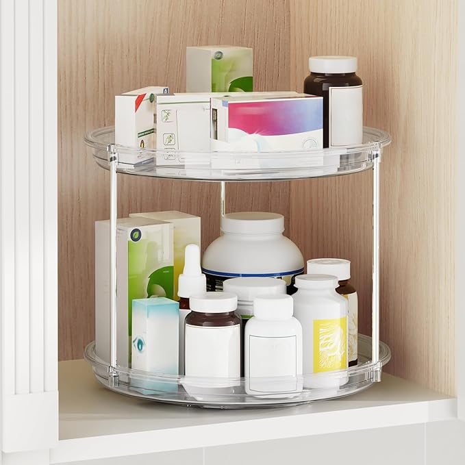 2 Pack 2 Tier Lazy Susan Organizer, 9.25'' Lazy Susan Turntable for Cabinet, Stackable Turntable Organizer Rotating Spice Rack Organization for Kitchen Countertop, Pantry, Bathroom, Clear