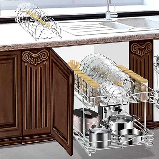 FULGENTE Professional Pull Out Cabinet Organizer Rack for Lid Cookware 14" W x 18" D 2 Tier Slide Out Kitchen Cupboard Under Sink Shelves Storage Pullout Pan Pot Organizer Wire Frame Chrome Finish