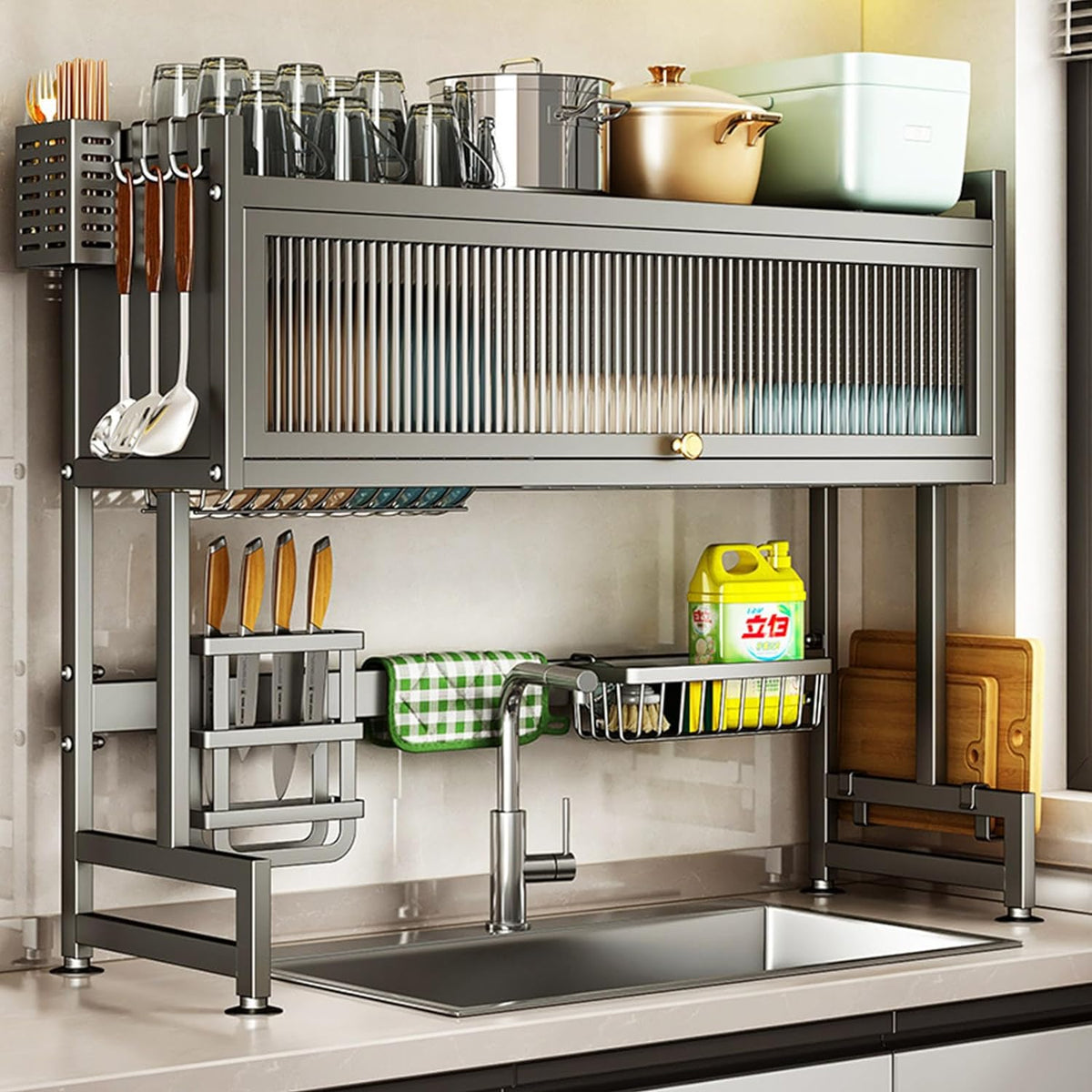 Over the Sink Dish Drainer Drying Rack 3 Tier with Cover