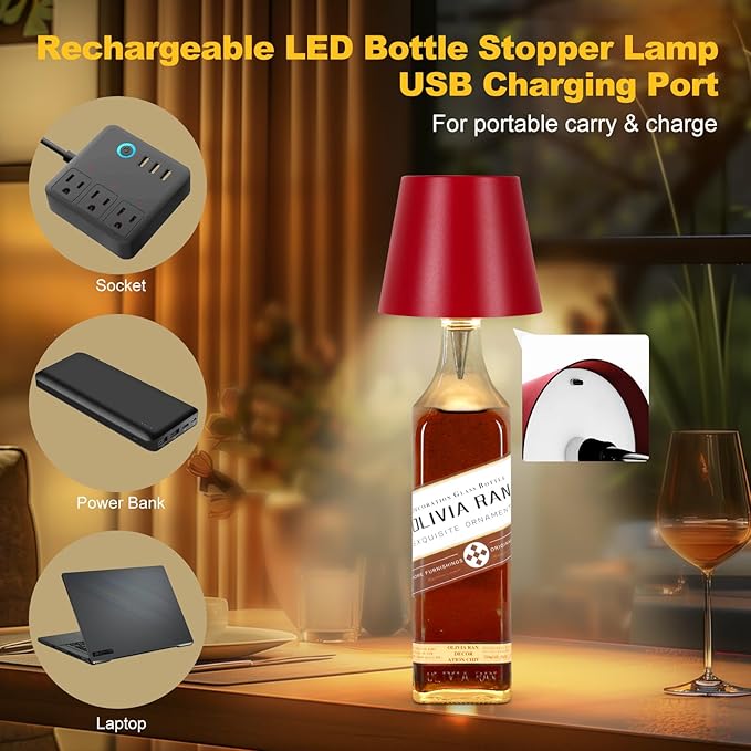 Wireless Bottle Lamp, 2026 New 3 Color Rechargeable Wine Bottle Lights for Bars Restaurants (Wine red, 1PC)