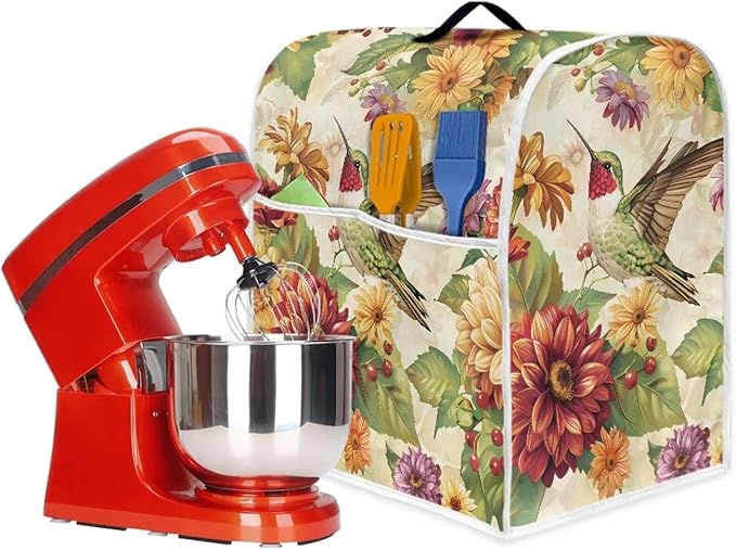 Floral Hummingbird Kitchen Dust Covers for Stand Mixer with Handle & Storage Pocket Oil-Resistant Food Processor Covers for Kitchen Counter Universal Fits 4.5-5 Qt Kitchen Mixers