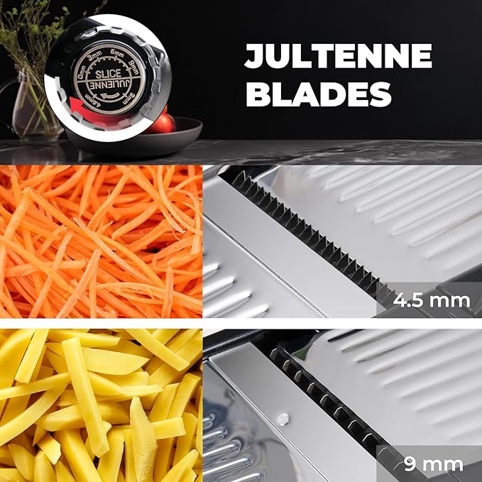 Adjustable Mandoline Slicer 5-in-1 Stainless Steel Vegetable Cutter with Ultra Sharp Blades, Julienne Slicer & Shredder for Potato, Onion