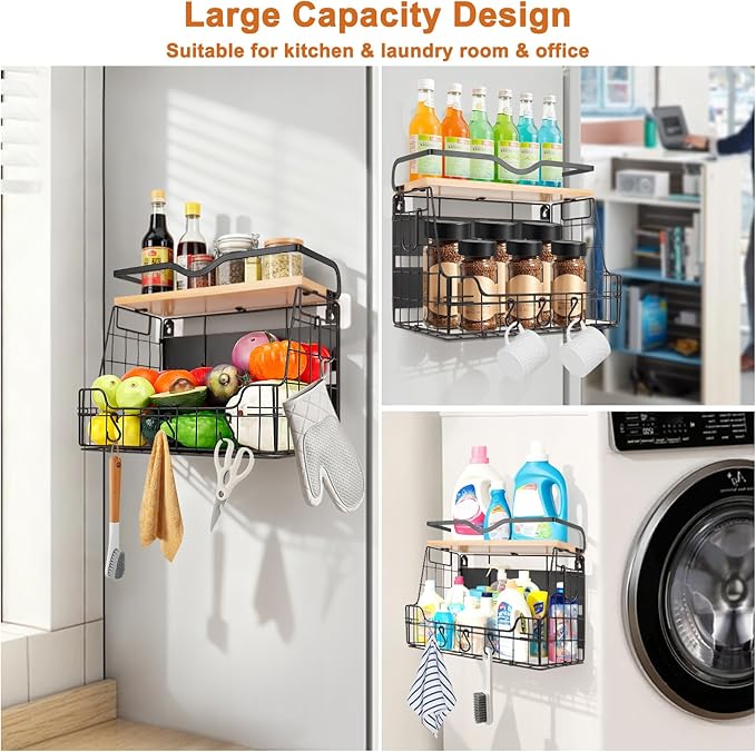 Livabber Magnetic Fridge Organizer Basket with Wood Shelf, Large Fruit Vegetable Storage Bin, Spices Snacks Condiments Rack for Kitchen Pantry, Laundry Room, Office, Magnetic or Wall Mount (Black)