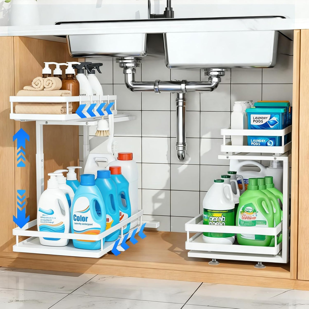 2-Tier Metal L-Shaped Pull-Out Under Sink Organizer, White, 2 Pack