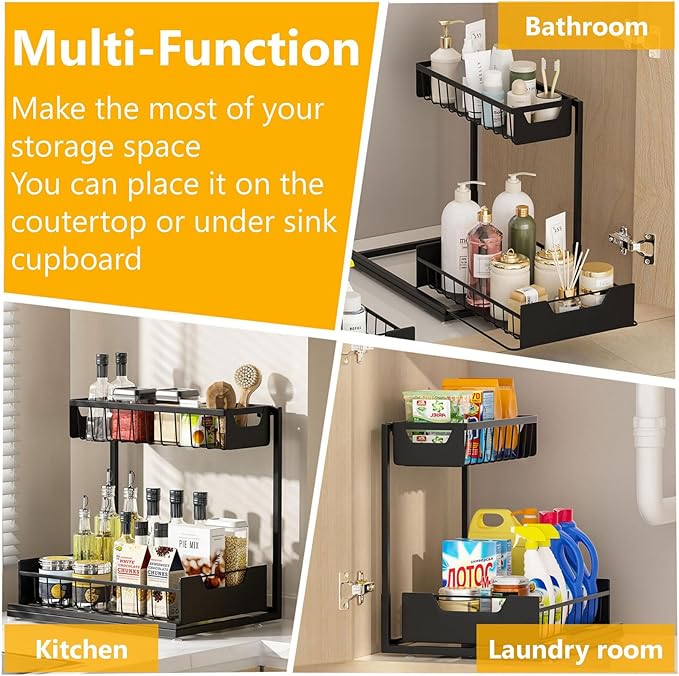 Ceetug Under Kitchen Sink Organizers and Storage Pull Out 2 Tier Metal Bathroom Cabinet Organizer (Black, 1 Pack)