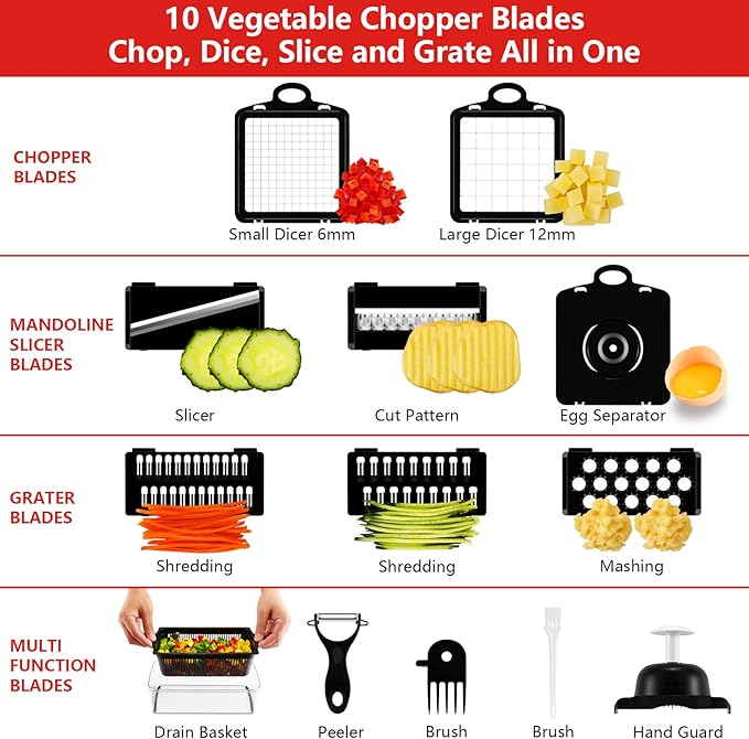 Professional Compact Vegetable Chopper, Veggie Chopper, Chopper Vegetable Cutter, Veggie Chopper with Container, Mandoline Slicer Dicer 9 Inserts