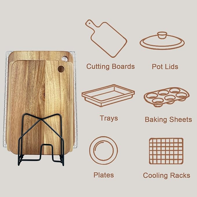 SUNFICON Cutting Board Holder W 2 Chip Bag Clips 304 Stainless Steel Chopping Board Rack Pot Lid Organizer Inside Cabinet Pot Cover Cookie Sheet Bakeware Serving Tray Cooling Rack Stand Kitchen Black