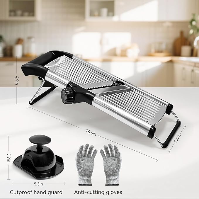 Mandoline Slicer for Kitchen, Adjustable Stainless Steel Vegetable Slicer with Safety Gloves & Food Holder, Potato Onion Tomato Julienne Cutter, Non-Slip Manual Mandolin-3