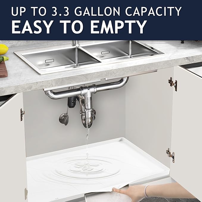 Heavy Duty Silicone Under Sink Mats for Kitchen Waterproof 37" x 22", Extra Thick Under Sink Rubber Mat Drip Tray, Raised Edge Under Sink Liner,Prevent Drips, Leaks, Spills,White