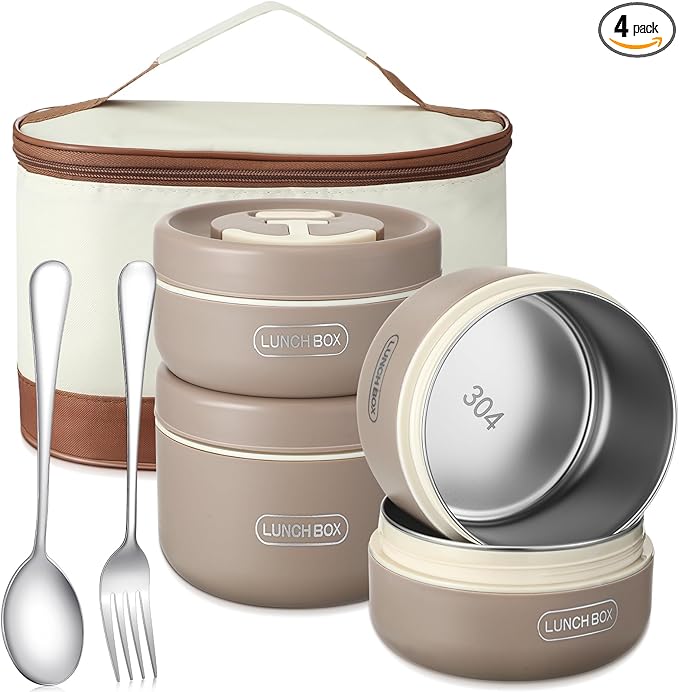 Dandat 4 Pcs Insulated Lunch Container, Portable Bento Box, Stainless Steel Lunch Box, Round Stackable Leakproof Thermal Food Container for Adult Men Women with Insulated Bag, 74 oz(Khaki)