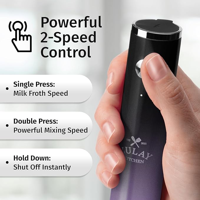 Zulay Kitchen Rechargeable Milk Frother Handheld - Frother Wand, Drink Mixer, Electric Whisk Frother, for Cappuccinos, Matcha & Protein Powder - Lux 4 Whisk 2 Speed Waterproof 2000mAh Black Purple