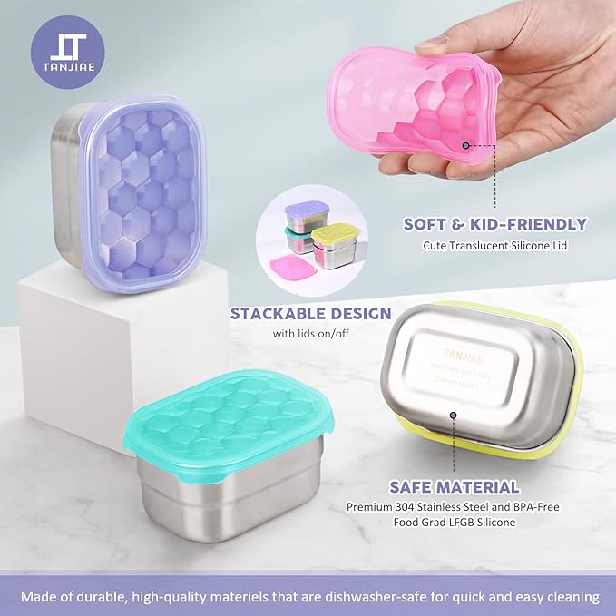 Tanjiae 8oz Small (1 CUP) Stainless Steel Snack Containers for Kids and Toddlers (Ages 1-3) | Easy Open Leak Proof Food Containers with Silicone Lids - Perfect Metal Lunch Box for Daycare and School