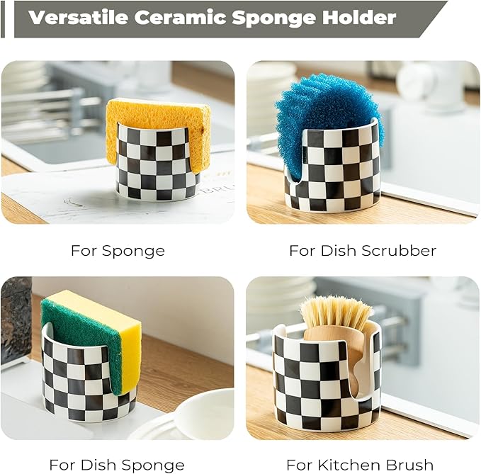 Zoeeker Checkered Kitchen Sink Sponge Holder, Dish Sponge Rack Ceramic Brush Holder Farmhouse Kitchen Drying Rack for Brush, Scrubbers, Bathroom, Sink, Black and White