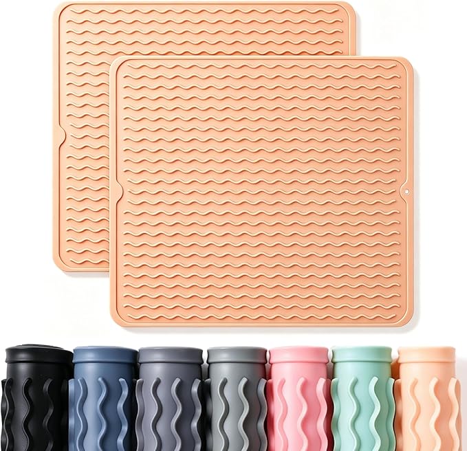 CAKETIME 2 Pack Silicone Dish Drying Mat for Kitchen Counter Waterproof Place mats Sink Protector Stove Top Organizer Cooking Appliance Trays Dryer Rack Drainers Items Extra Large 18"x16" Beige