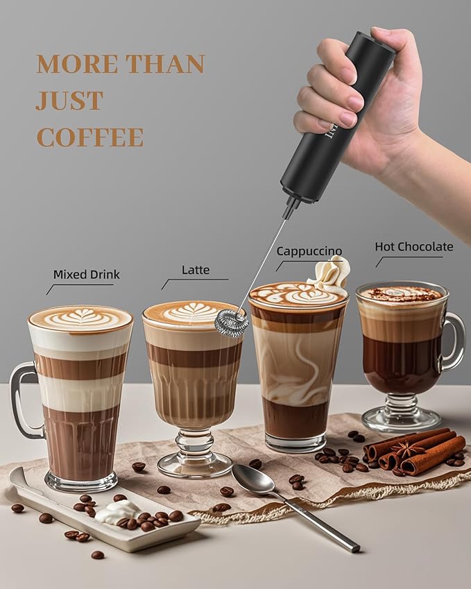INFOOD Milk Frother Rechargeable with Cover - Coffee Frother Wand, Drink Mixer Handheld with 2 Detachable Stainless Whisks 2 Speed Adjustable for Latte, Cappuccino, Hot Chocolate, Egg, Black