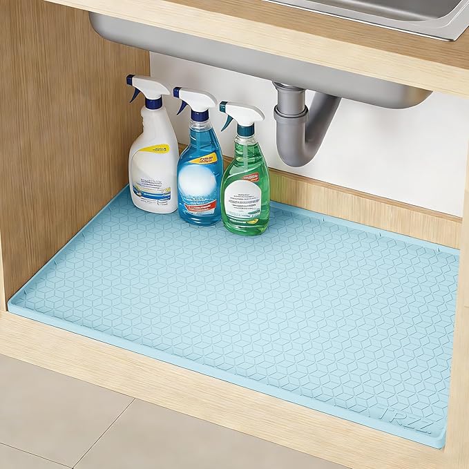 TRZZ Silicone Waterproof Under Sink Mat 34" x 22", Drip Tray and Cabinet Liner for Kitchen and Bathroom, Prevents Water Damage and Organizes Cabinets (Light Blue)