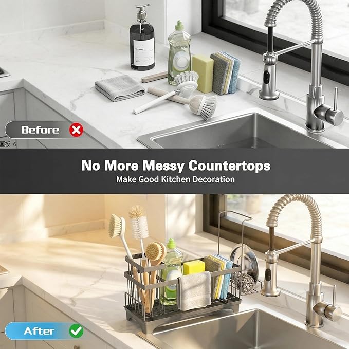 Sponge Holder for Kitchen Sink, Sink Caddy Organizer with Detachable Cloth & Brush Holder, Self-Draining Sponge Caddy Organizer with 360° Rotatable Spout, Kitchen Countertop Storage Accessories(Gray)