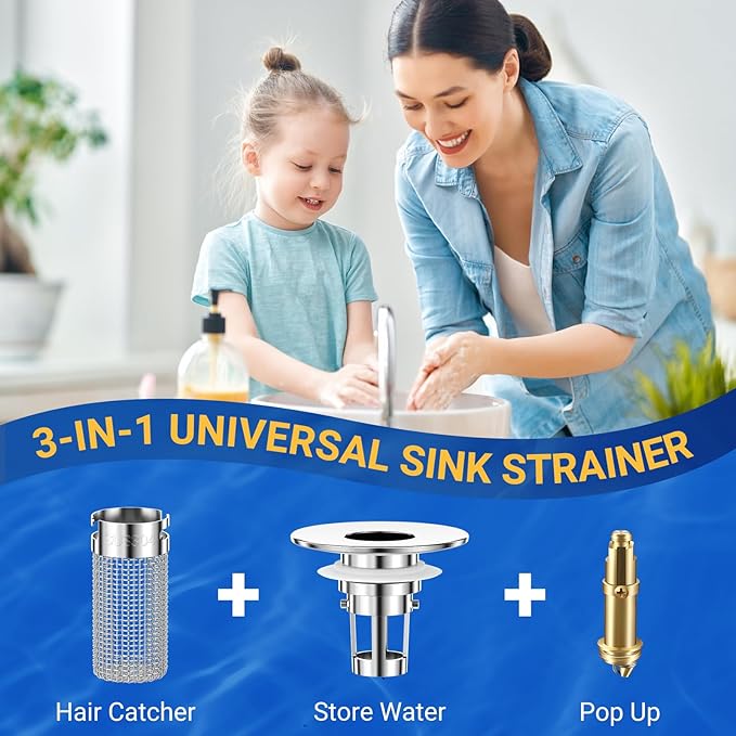 Bathroom Sink Drain Strainer, Pop-Up Bathroom Sink Stopper with Removable Stainless Steel Hair Catcher Basket, Universal Fit for US Bathroom Sinks, Showers & Floor Drains (3pcs)