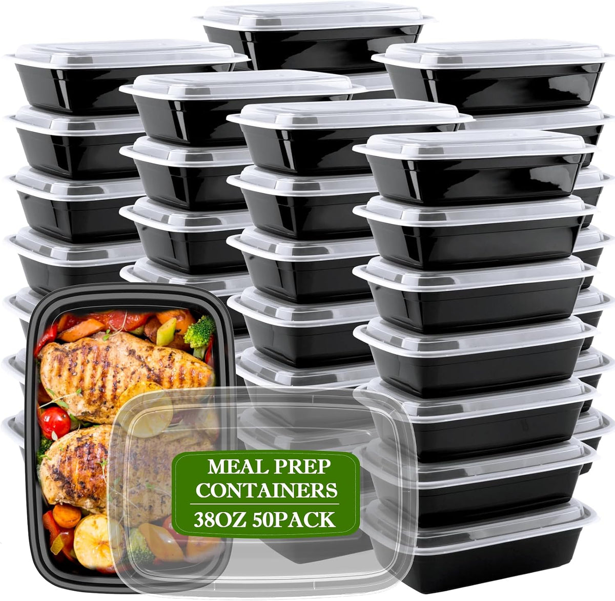 Meal Prep Containers 50 Pack 38oz Reusable, Leakproof Food Storage Containers with Lids, BPA-Free Plastic To Go Take Out Bento Box Stackable Microwave & Freezer Safe