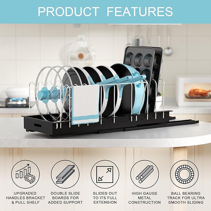 Golener Pots and Pans Organizer Under Cabinet - 22" Deep Expandable Pot Organizers inside Cabinet with 10 Adjustable Dividers &Handrail, No Drill Pot Lid Holder, Sliding Pot Lid Holder, 2 Packs