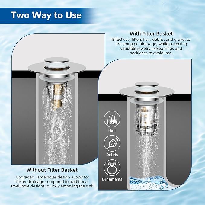 Hibbent 4 Pack Upgraded 3 in 1 Bathroom Sink Drain Strainer, Universal Pop Up Stopper with Removable Stainless Steel Filter Basket Hair Catcher, Sink Plug for 1.1''~2.36'' Basin, Brass Core, Chrome