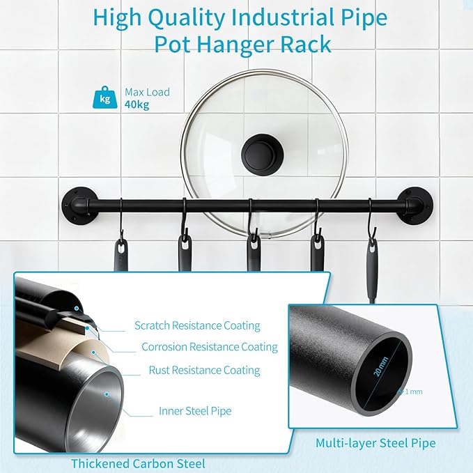 Pipe Hanging Rail for Pots, Pans, Lids, Kitchen Utensils 21 inch 2 Pack, Wall Mounted Rail Rack Pipe Bar with 10 S Hooks Indutrial Style, Black