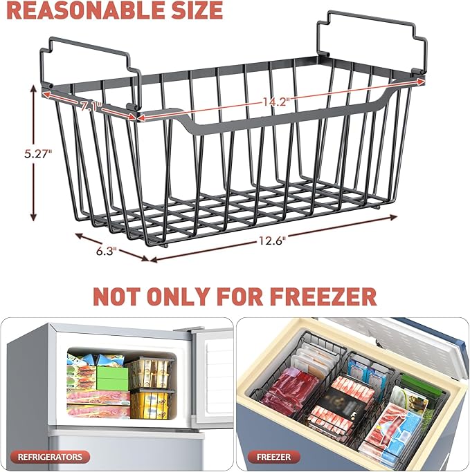 Goovilla Freezer Organizer Bins with Foldable Handle, 4 Pack Stackable Freezer Baskets for 3.5-7 Cu.FT Deep Chest Freezer Organization, Coated Metal Freezer Storage Bins with Better Space Utilization