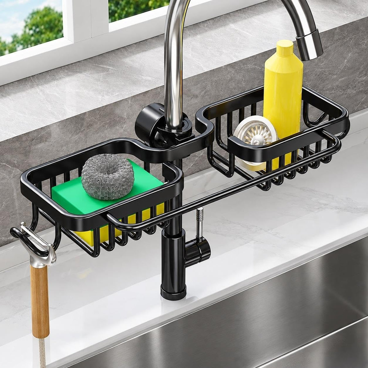 Faucet Drainer Basket, Kitchen Sink Faucet Organizer with Drip Tray, Sponge Holder and Dish Brush Holder, Quick Drying Hanging Caddy with Hook for Soap, Scrubbers, Kitchen & Bathroom(Black-B)
