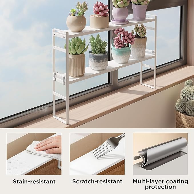 2 Tier Expandable Stackable Narrow Shelf Organizer, Tall Countertop Organizer for Tight Spaces, Windowsill Plant Stand, Over-Sink/Faucet Shelf, Kitchen Storage, Bathroom Vanity, Laundry Room (White)