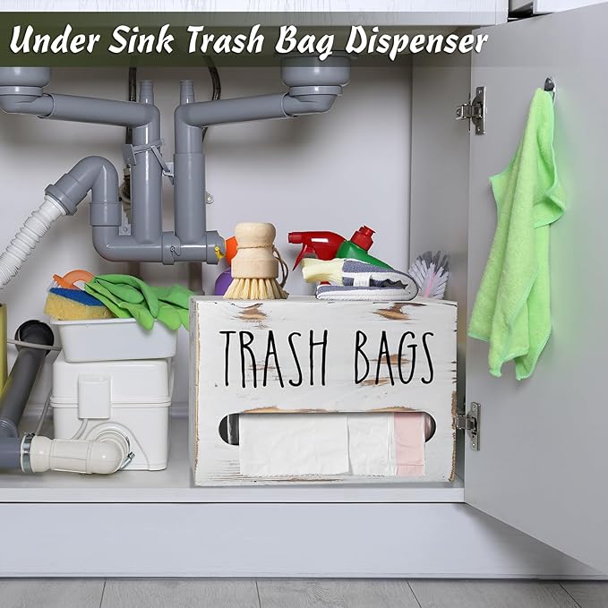 DRASTAR Trash Bag Holder, Wooden Stackable Trash bag Dispenser Wall Mount, Large Garbage Bag Dispenser for for 13-gallon Trash Bags Roll Holder, Kitchen Laundry Room Organization, Retro White