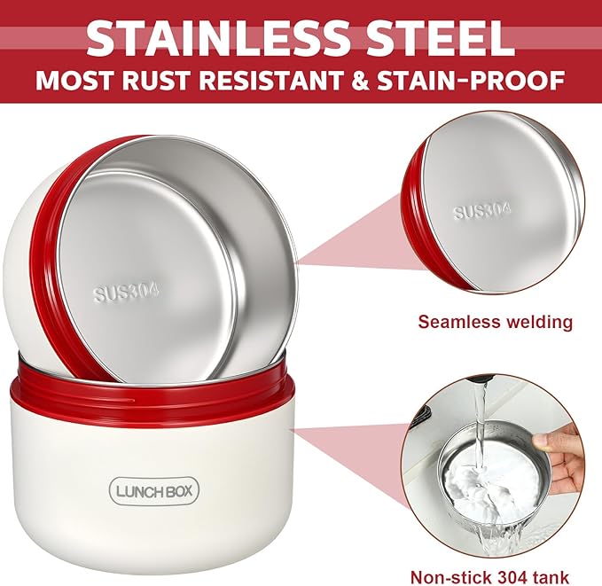 Dandat 4 Pcs Insulated Lunch Container, Portable Bento Box, Stainless Steel Lunch Box, Round Stackable Leakproof Thermal Food Container for Adult Men Women with Insulated Bag, 74 oz(Red)