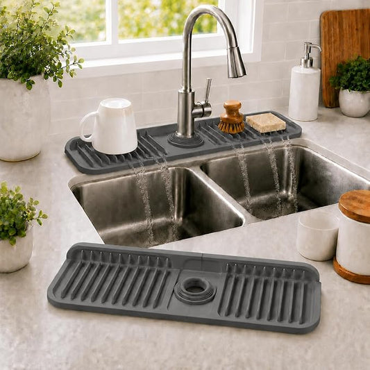17.7" Silicone Faucet Mat for Kitchen Sink,7° Draining Mat with Snap Button Lock,Faucet Splash Guard and Sink Counter Organizer,Trim-to-Fit Kitchen Faucet Protector for Sponge Brush Cup