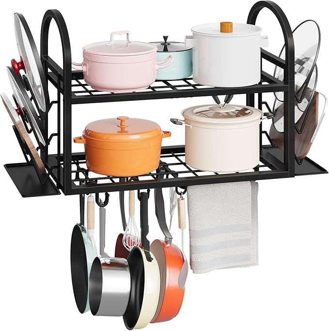 HOOBRO 30 Inch Pot Rack Wall Mounted, 2 Tier Pots and Pans Organizer with 6 Lid Holders and 10 Hooks, Wall-Mounted Pan Hanger with Towel Bar, for Kitchen Cookware Utensils Storage, Black BB100TL01