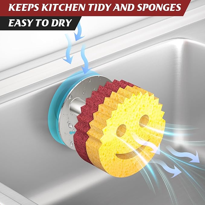 Kontoyo Sponge Holder for Kitchen Sink,Sink Caddy Organizer with Suction Cup Installation for Kitchen/Bathroom, Self Draining,Sponge Caddy for Holding Smiley Sponges-Silver