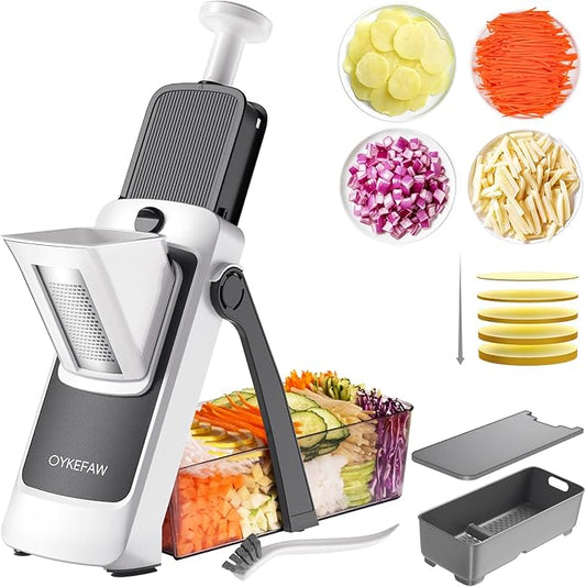 Safe Mandoline Slicer Pro, Gen 4th, Adjustable Thickness food Slicer For Kitchen, Vegetable Chopper With Container, Lid, Drain Basket, Veggie Cutter For Potato Onion Fruit (GRAY）