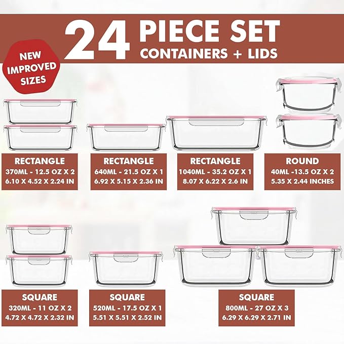 Razab 24 Pc Airtight Glass Food Storage Containers - Glass Meal Prep Containers - Freezer to Oven Safe - Steam Release Valve BPA Free - Airtight Bento Boxes - Leak Proof (12 lids & 12 Containers)