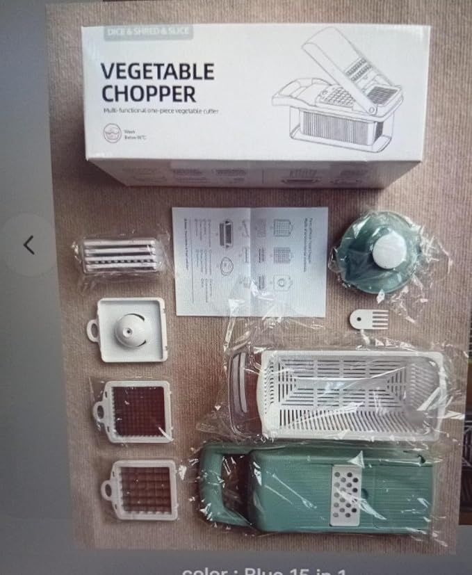 Vegetable Chopper and Slicer Set, 14 Pieces, Multi-Function Kitchen Mandoline with Interchangeable Blades, 13.2 x 4.9 x 3.9 inches, Gray/Green