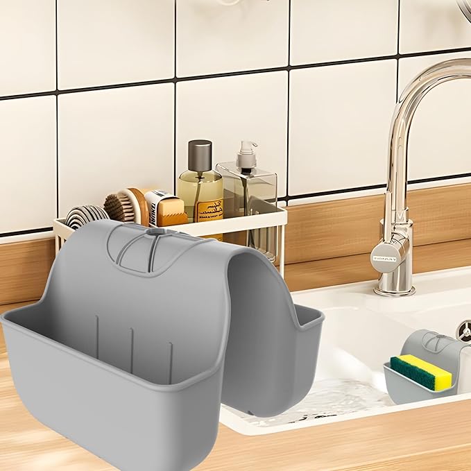 Sponge Holder for Kitchen Sink, Silicone Sink Saddle Caddy Organizer Rack, Sponges Holder Over Faucet, Hanging Kitchen Organizer Accessories Rack Basket - Grey