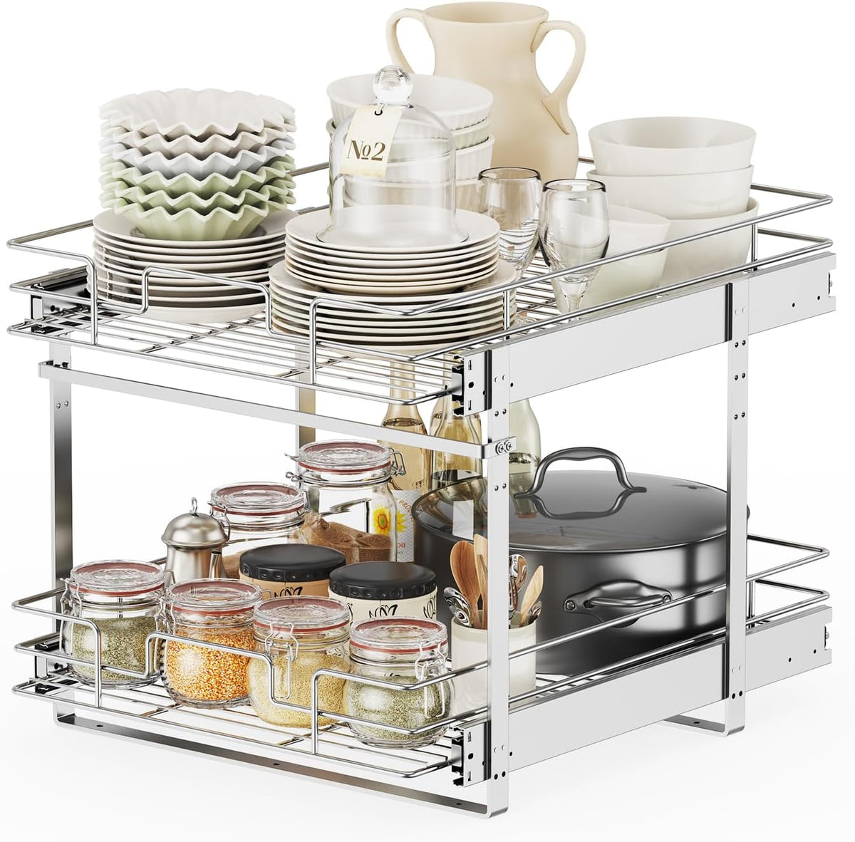 Slide Out Cabinet Organizer for Kitchen, 2 Tier Pull Out Shelves Sliding Cabinet Organizer and Storage, Chrome (16.5" W x 20.5" D)