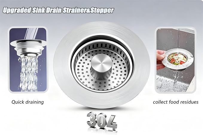 3-in-1 Kitchen Sink Drain Strainer Stopper, 304 Stainless Steel Pop Up Drain Plug, Anti-Clog Odor Prevention Sink Basket, Tool-Free Easy Install, Fits US Standard 3-1/2" Drain Hole, 1 Pack