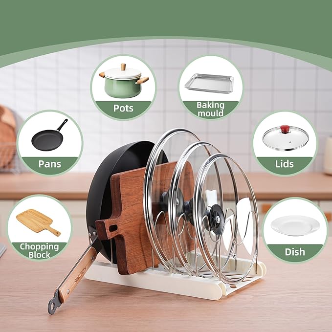 Pot Lids Organizer Rack,7 Adjustable Compartmentsfor Cabinet and Countertop,Kitchen Cabinet Organizer for Pots, Pans, Cake Molds, Cutting Boards, Mats, Cookware,Lids & Bakeware,Apricot