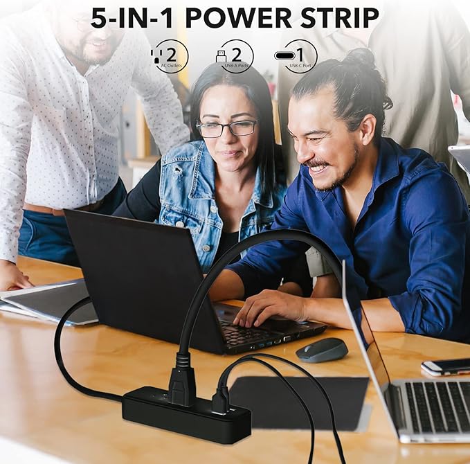 Clear Power 2-Outlet Power Strip with 3 USB Ports(1 USB-C), Flat Plug, 6 ft Power Cord, Compact USB Charging Hub, Desktop Charging Station with USB C, Black, DC3S-1202-DC